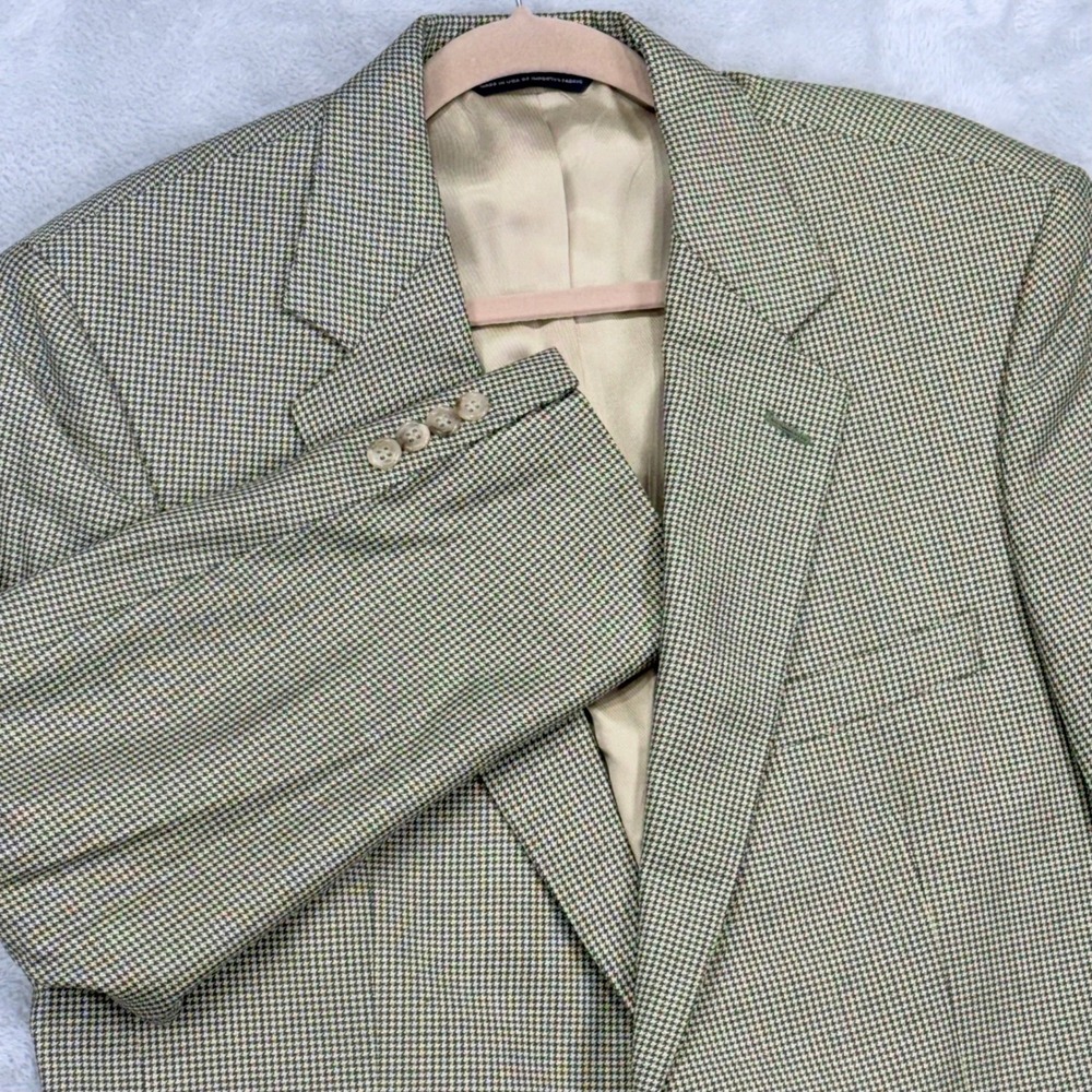 Brooks Brothers Silk Wool Sport Coat Mens 42R Green Houndstooth Blazer 2-Button